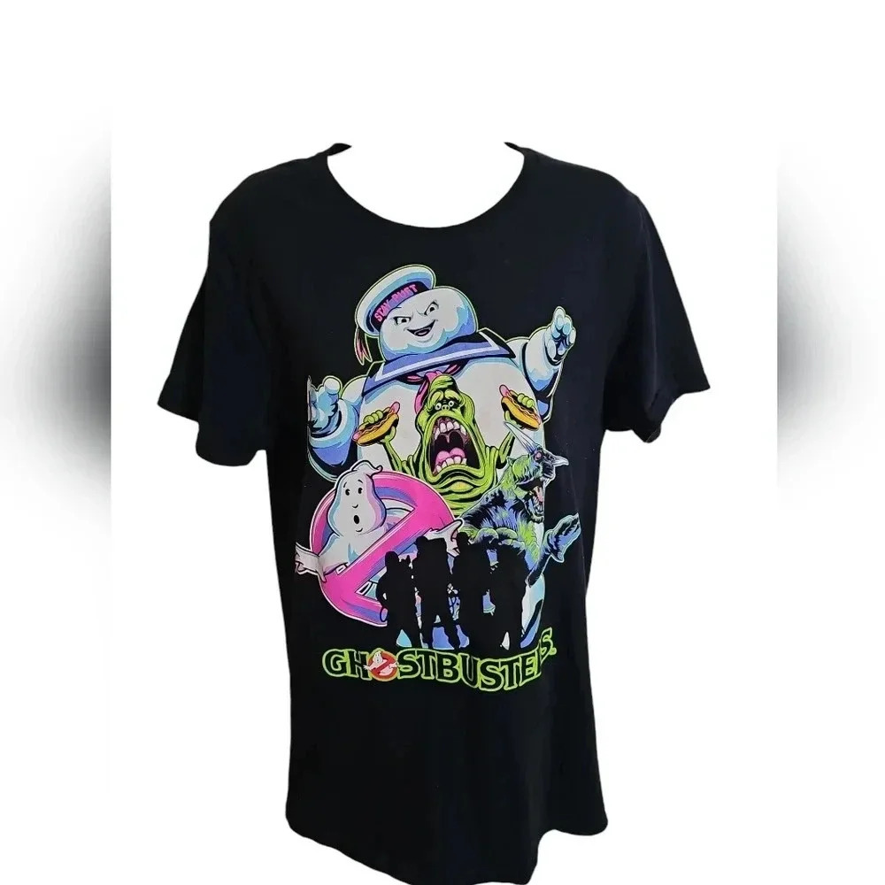 Ghostbusters Men Medium T-Shirt Black Neon Graphic Stay Puft Slimer Investment - Picture 2 of 7